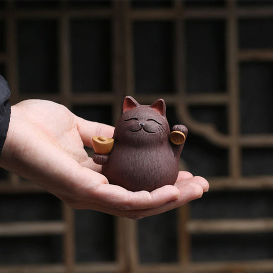 Yixing Purple Clay Lucky Cat Tea Pet Mini Ornament