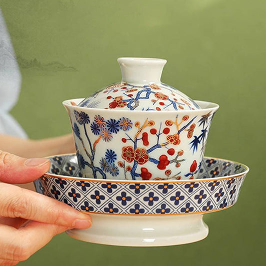 Plum Blossom Ceramic Gaiwan with Lid and Saucer 160ml