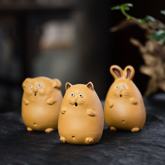 Auspicious Trio: Rabbit, Cat, and Pig Ceramic Tea Pets