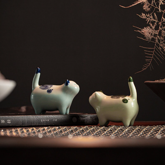 Adorable Celadon Ceramic Kitten Tea Pet