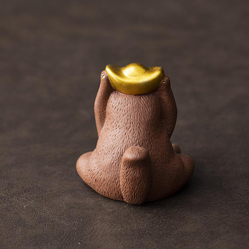 Adorable Ceramic Cat Tea Pet Holding a Gold Ingot