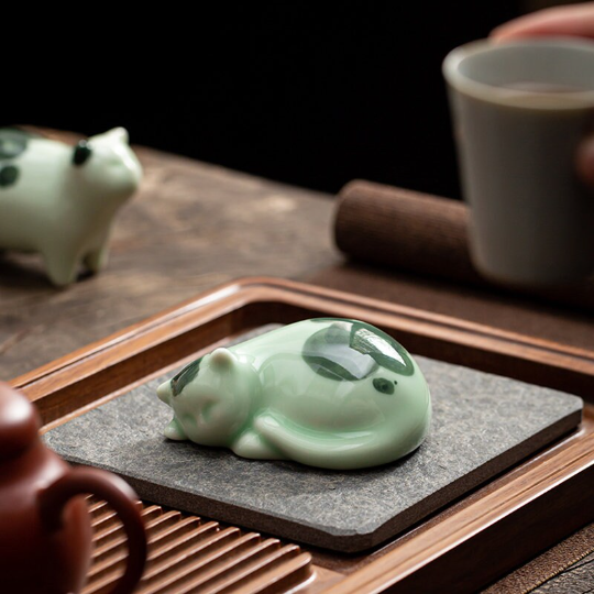 Adorable Celadon Ceramic Kitten Tea Pet