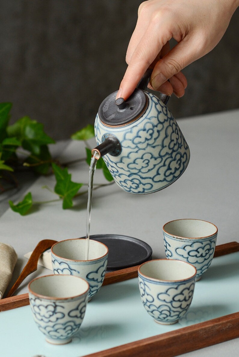 Handmade Chinese Blue & White Ceramic Teapot with Stand, Hand Painted Teapot 200ml/6.8oz, 2 Designs - Clouds Sea and Ocean Waves