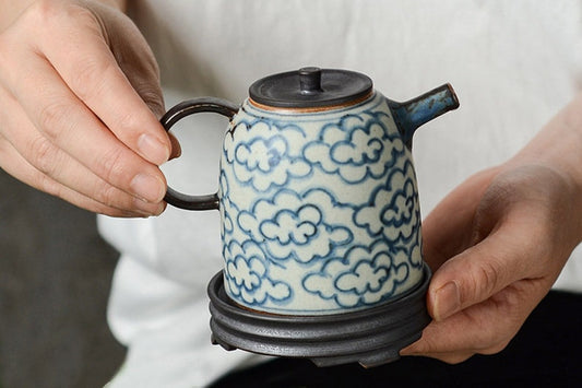 Handmade Chinese Blue & White Ceramic Teapot with Stand, Hand Painted Teapot 200ml/6.8oz, 2 Designs - Clouds Sea and Ocean Waves