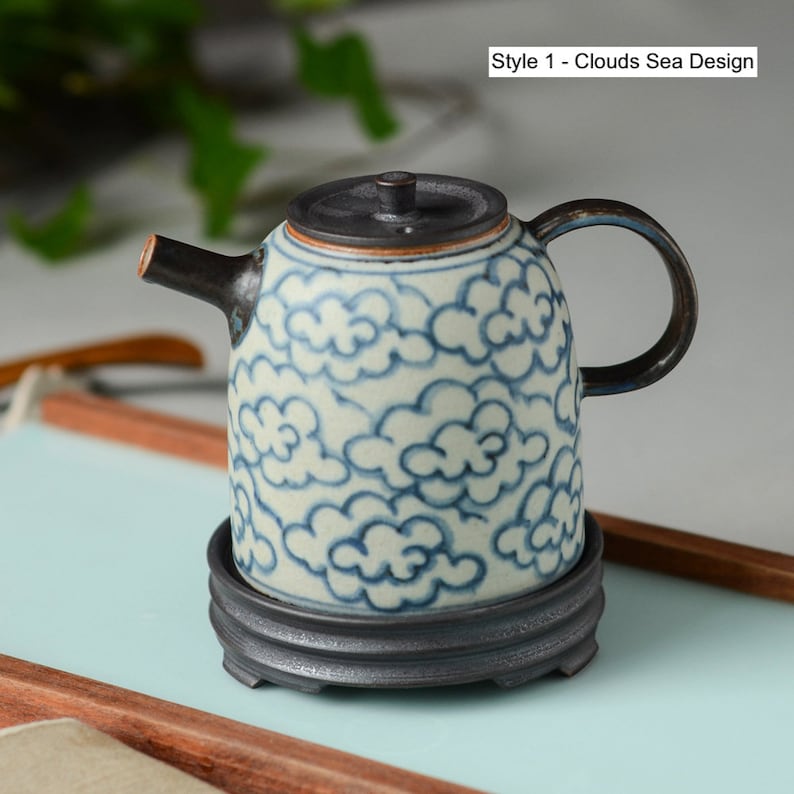 Handmade Chinese Blue & White Ceramic Teapot with Stand, Hand Painted Teapot 200ml/6.8oz, 2 Designs - Clouds Sea and Ocean Waves