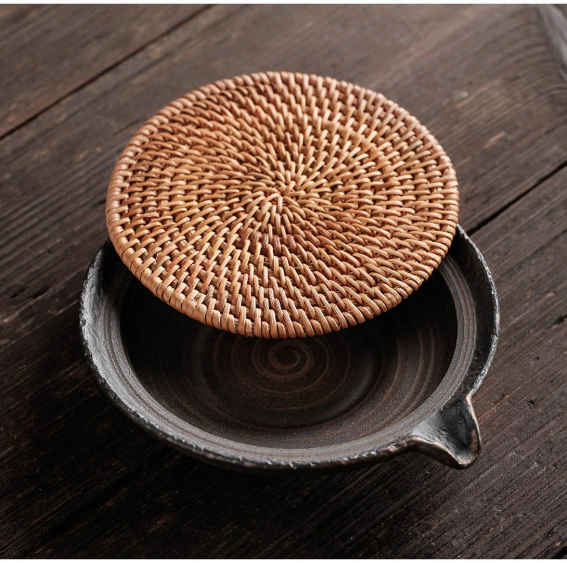 Japanese Woven Rattan and Rustic Ceramic Teapot Holder