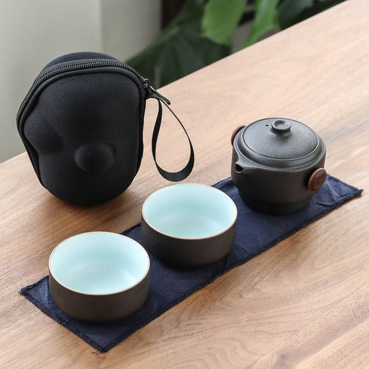 Black Pottery Travel Tea Set | Portable Office Tea Set - 1 Teapot and 2 Cups In Travel Case | 4 Colors, Handmade | Gift to Tea Lovers