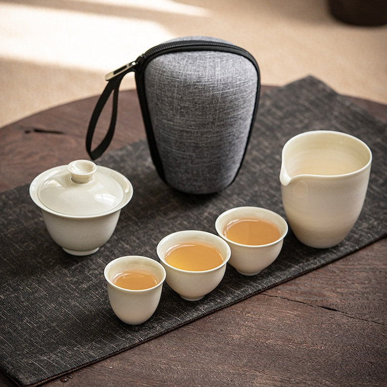 Wood Ash Glaze Ceramic Travel Gaiwan Set, Portable Tea Set - 1 Gaiwan 3 Cups 1 Pitcher, Quaint, Thin Wall, Handmade, Kungfu Tea Lover Gift