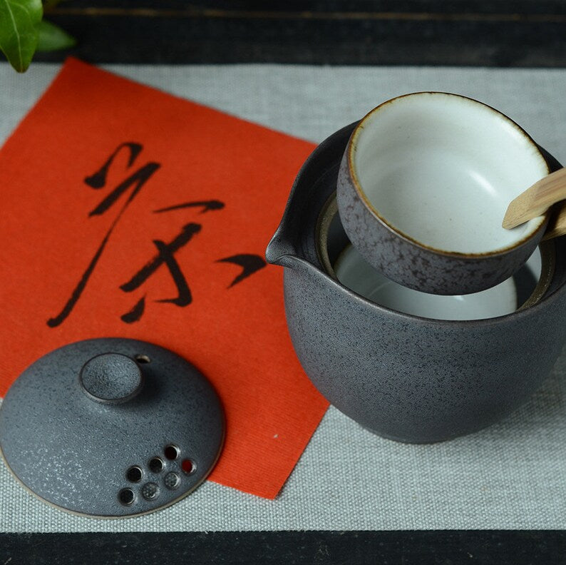 Handmade Matte Black Travel Tea Set, Portable Ceramic Teapot Set for Two, Gongfu teapot set, Great Gift for Kungfu Tea Lovers